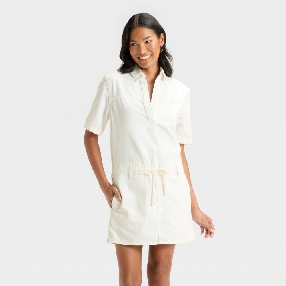 Short Sleeve Drop Waist Drawstring Denim Mini Dress, White